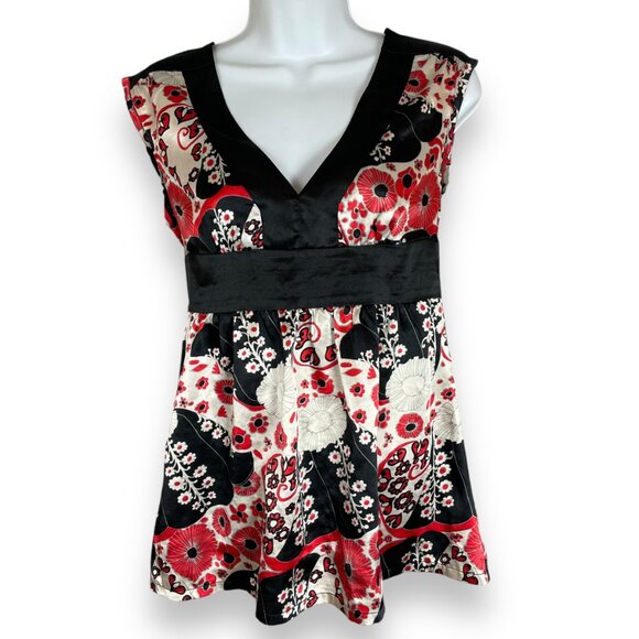 Vintage Y2K Blouse Empire Waist Tie Back V-Neck Silky Polyester Peplum Red Black - Picture 1 of 12